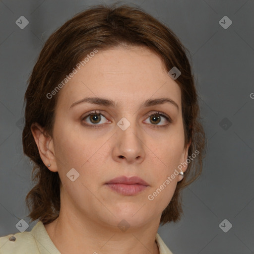 Neutral white young-adult female with medium  brown hair and brown eyes