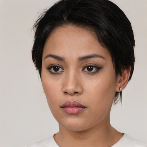 Neutral asian young-adult female with short  black hair and brown eyes