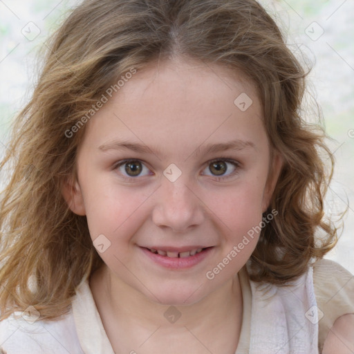 Joyful white child female with medium  brown hair and grey eyes