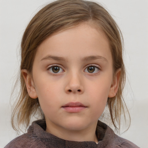 Neutral white child female with medium  brown hair and blue eyes