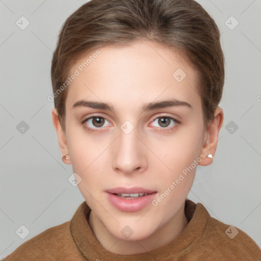 Neutral white young-adult female with short  brown hair and brown eyes