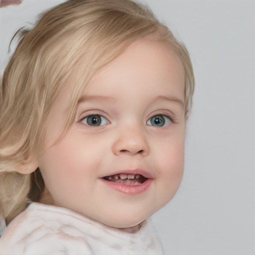 Joyful white child female with medium  brown hair and blue eyes