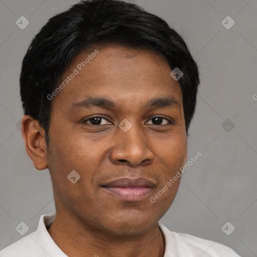 Neutral black young-adult male with short  black hair and brown eyes