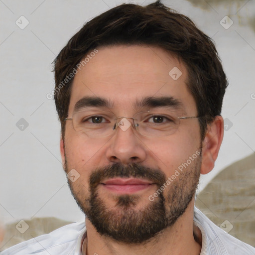 Joyful white adult male with short  brown hair and brown eyes