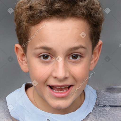 Joyful white child female with short  brown hair and brown eyes