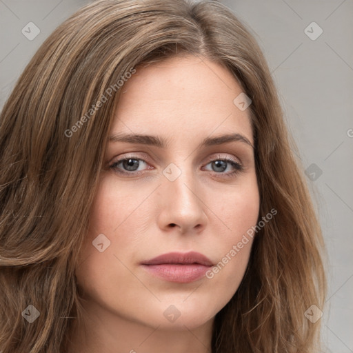 Neutral white young-adult female with long  brown hair and brown eyes