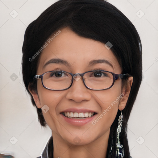 Joyful white young-adult female with medium  black hair and brown eyes