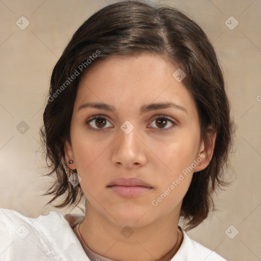 Neutral white young-adult female with medium  brown hair and brown eyes