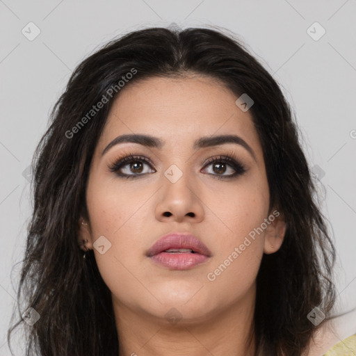 Neutral asian young-adult female with long  brown hair and brown eyes