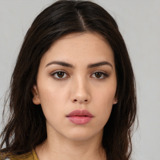 Neutral white young-adult female with medium  brown hair and brown eyes