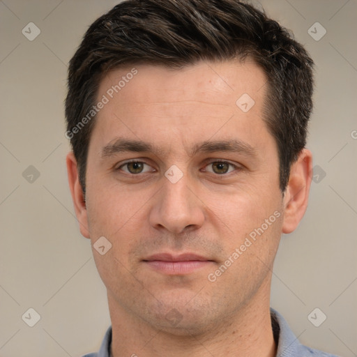 Neutral white young-adult male with short  brown hair and brown eyes