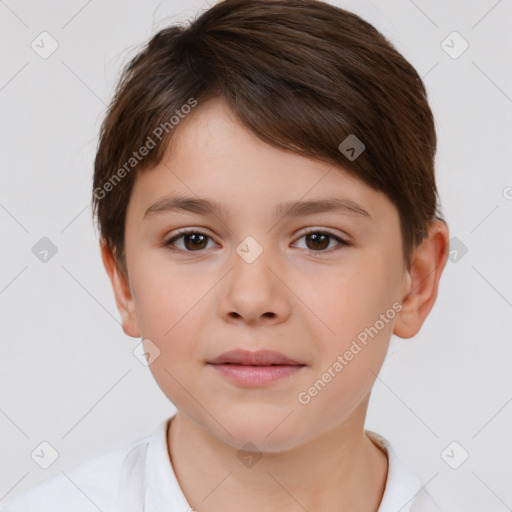 Joyful white child female with short  brown hair and brown eyes