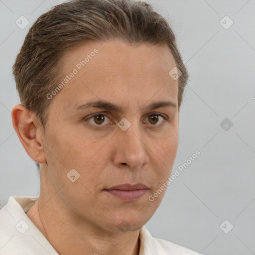 Neutral white adult male with short  brown hair and brown eyes