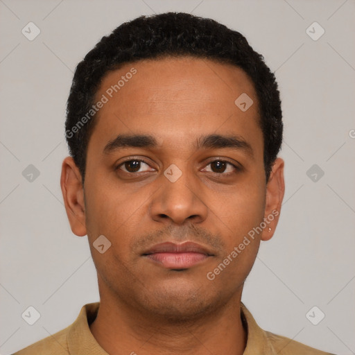 Neutral latino young-adult male with short  black hair and brown eyes