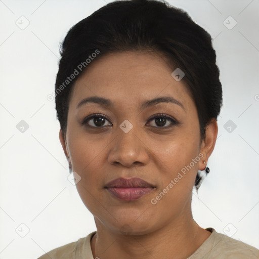 Joyful latino young-adult female with short  black hair and brown eyes