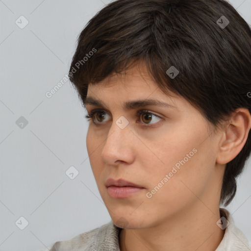 Neutral white young-adult female with short  brown hair and brown eyes