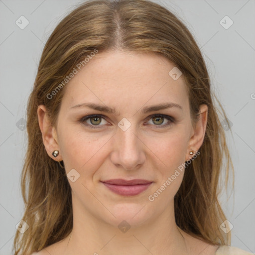 Joyful white young-adult female with medium  brown hair and grey eyes