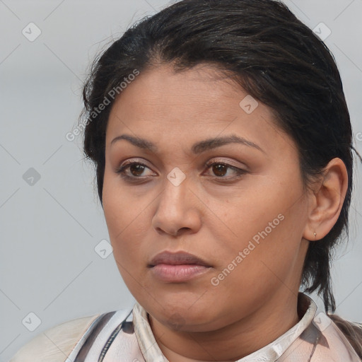 Neutral white young-adult female with medium  brown hair and brown eyes