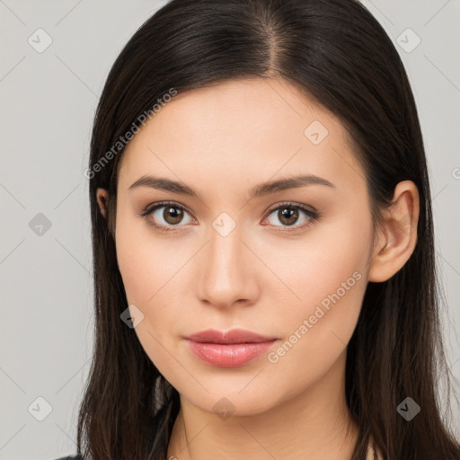 Neutral white young-adult female with long  brown hair and brown eyes