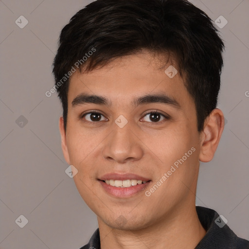 Joyful white young-adult male with short  brown hair and brown eyes