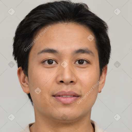 Joyful asian young-adult male with short  brown hair and brown eyes