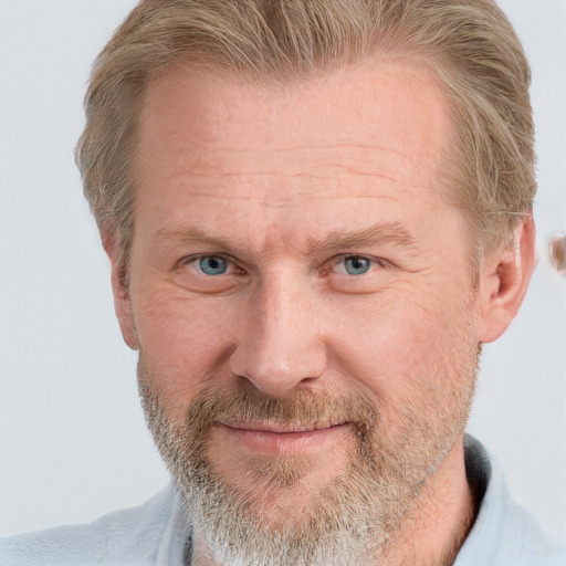 Joyful white middle-aged male with short  brown hair and grey eyes