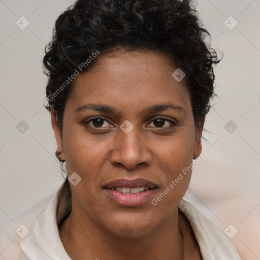 Joyful latino young-adult female with short  brown hair and brown eyes