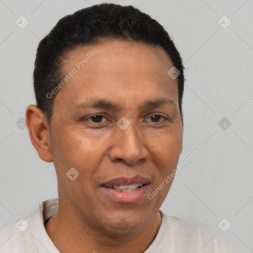 Joyful latino adult male with short  black hair and brown eyes