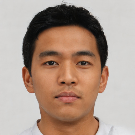 Neutral asian young-adult male with short  black hair and brown eyes
