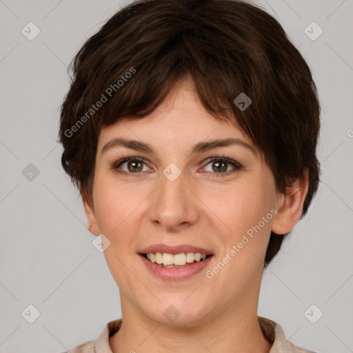 Joyful white young-adult female with short  brown hair and brown eyes