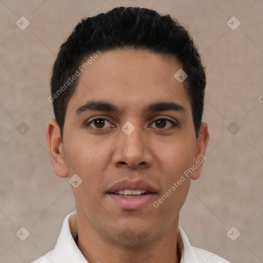 Neutral latino young-adult male with short  black hair and brown eyes