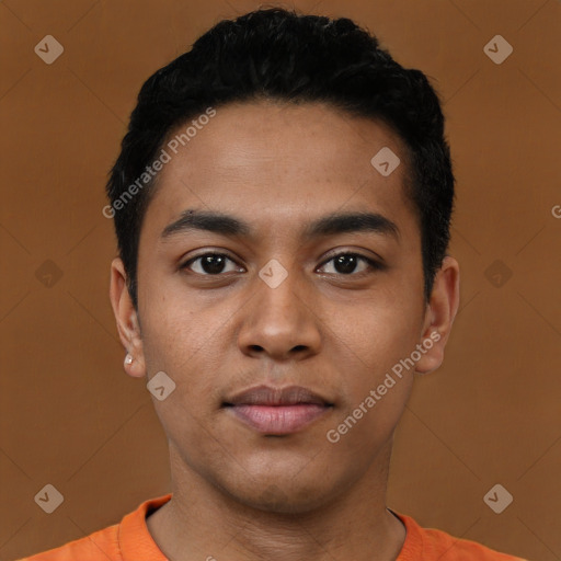 Neutral latino young-adult male with short  black hair and brown eyes