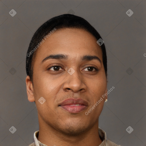 Joyful latino young-adult male with short  brown hair and brown eyes