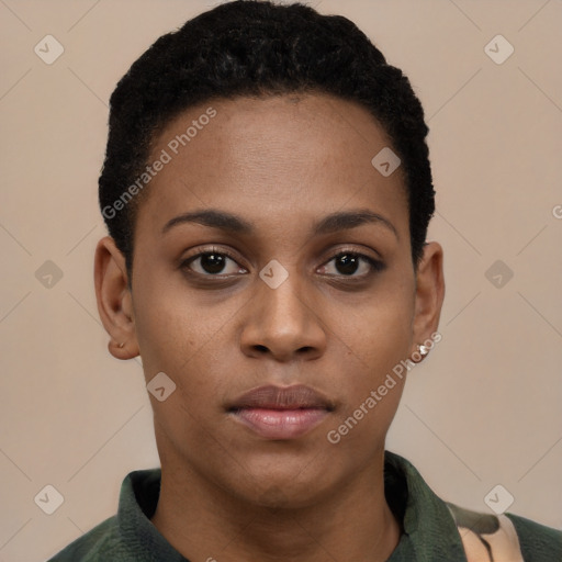 Neutral black young-adult female with short  black hair and brown eyes