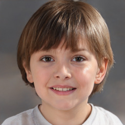 Joyful white child female with short  brown hair and brown eyes