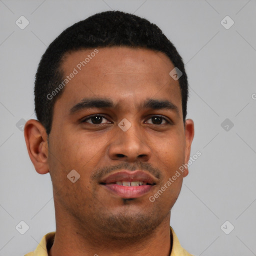Neutral latino young-adult male with short  brown hair and brown eyes