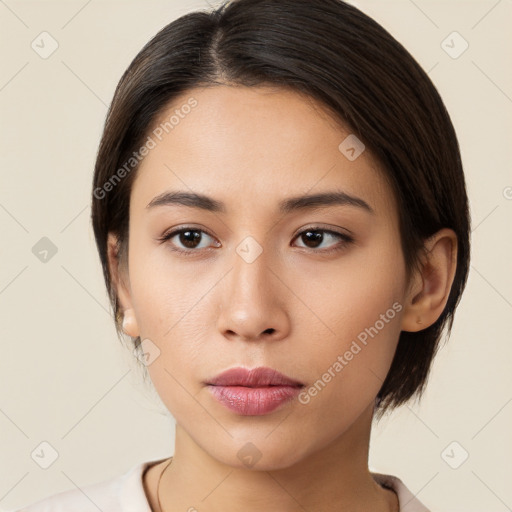 Neutral white young-adult female with medium  brown hair and brown eyes