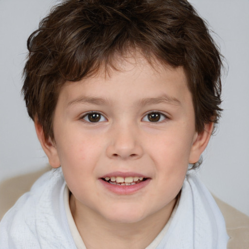 Joyful white child male with medium  brown hair and brown eyes