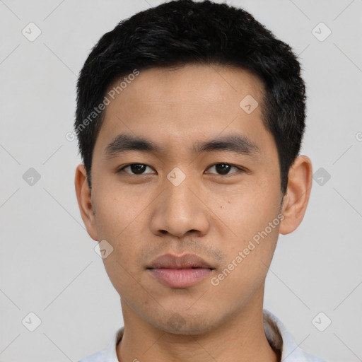 Neutral asian young-adult male with short  black hair and brown eyes