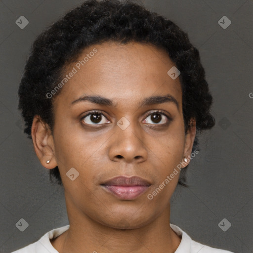 Neutral black young-adult female with short  brown hair and brown eyes