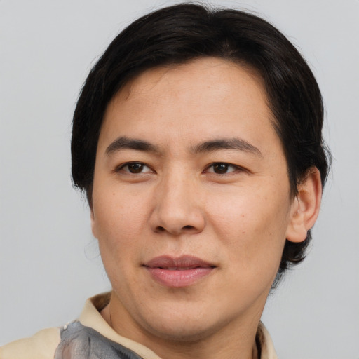 Joyful asian adult male with short  brown hair and brown eyes