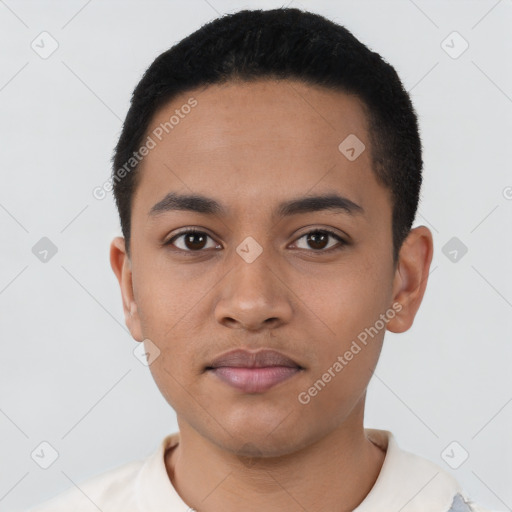 Neutral latino young-adult male with short  black hair and brown eyes