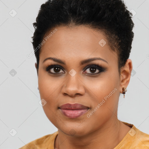 Joyful latino young-adult female with short  brown hair and brown eyes