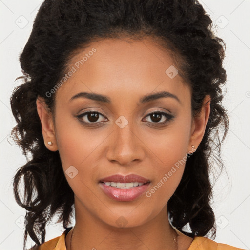 Joyful latino young-adult female with long  brown hair and brown eyes