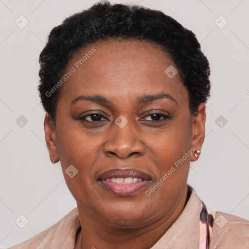 Joyful black adult female with short  brown hair and brown eyes