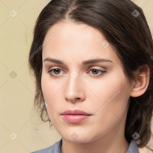 Neutral white young-adult female with medium  brown hair and brown eyes