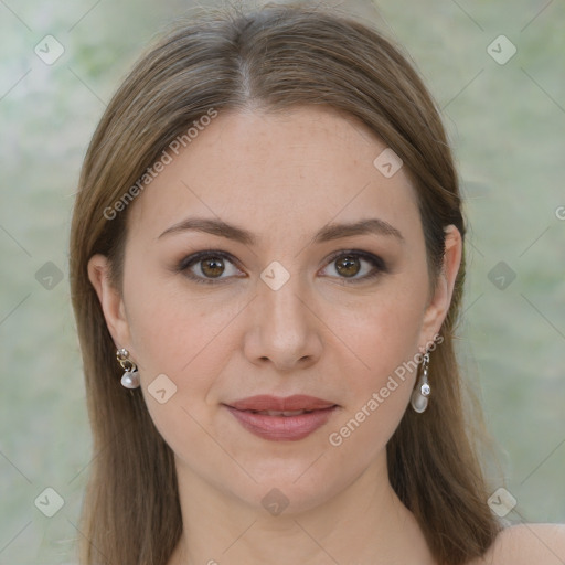 Joyful white young-adult female with long  brown hair and brown eyes