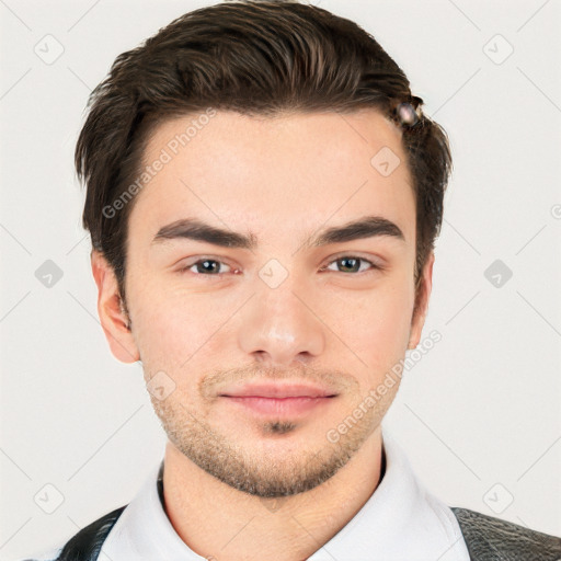 Neutral white young-adult male with short  brown hair and brown eyes