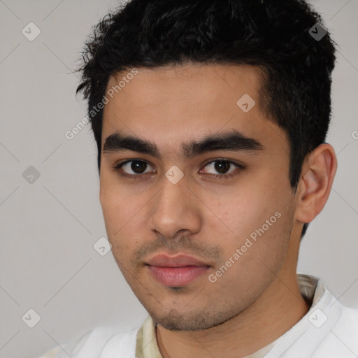 Neutral latino young-adult male with short  black hair and brown eyes