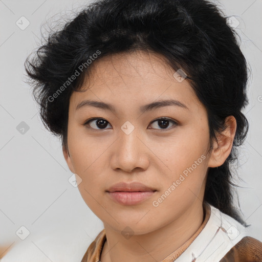 Neutral asian young-adult female with medium  brown hair and brown eyes